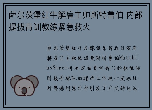 萨尔茨堡红牛解雇主帅斯特鲁伯 内部提拔青训教练紧急救火 萨尔茨堡红牛解雇主帅斯特鲁伯 内部提拔青训教练紧急救火